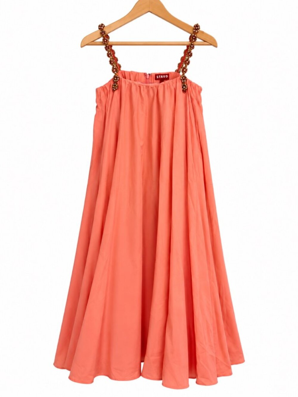 Staud Coral Billowy Midi Dress with Rhinestone Straps — Size S